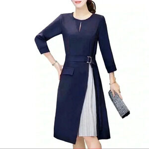 "Cindy" Navy A-line Midi Dress w sheer